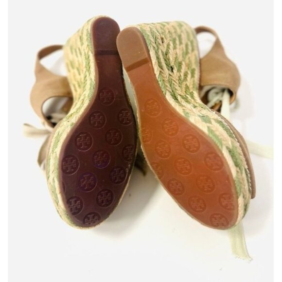 Tory Burch Brown Canvas Espadrille Wedge Sandals With Ivory Lace-Up Detail Women - Picture 6 of 10